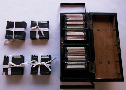 Glass plate negatives in original wooden storage box.